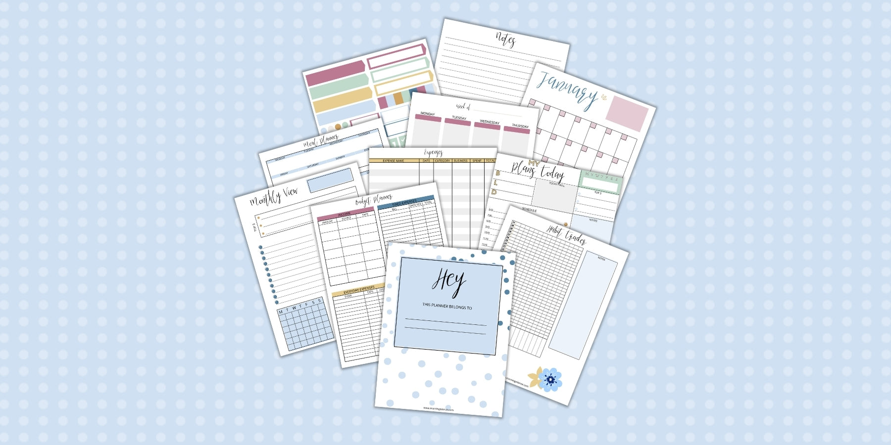 Planner printable pages including weekly, monthly, and daily inserts as well as habit tracker, meal planner, budget planner pages and more.